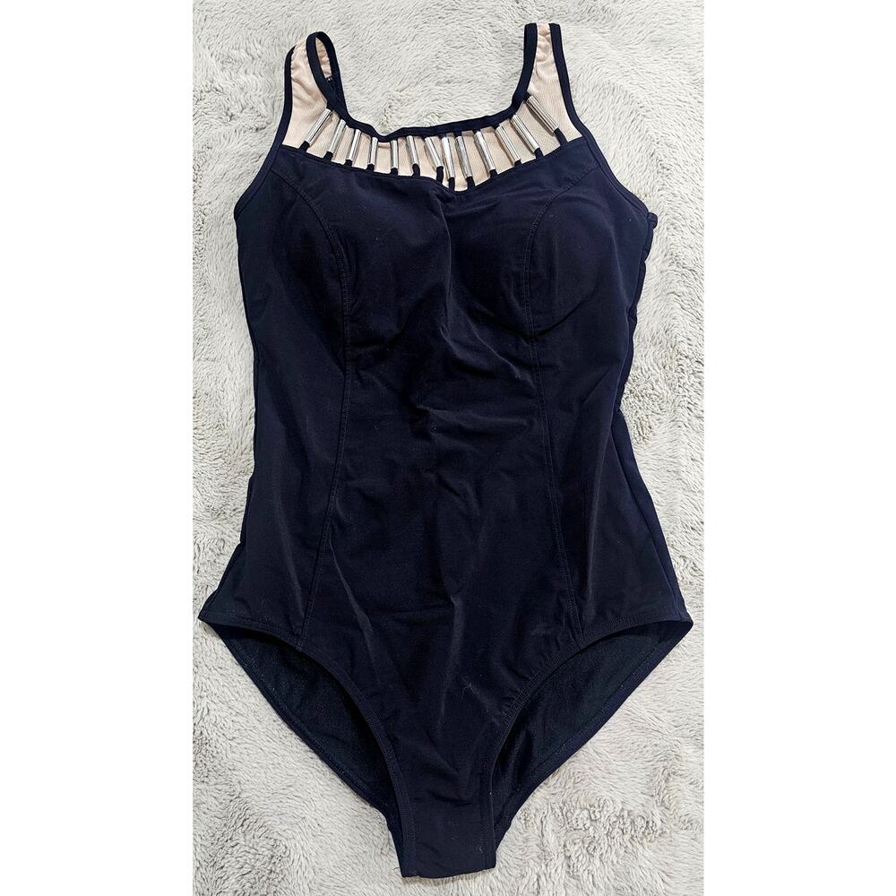 Amoena One Pc Swimsuit, Silver Metal Accents, Black,  Swimwear US Sz 12 New